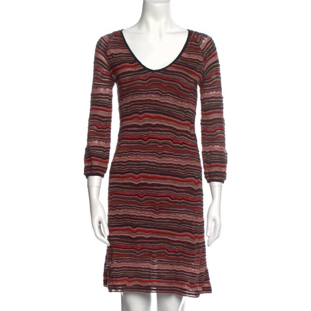 MISSONI Chevron Zig Zag Striped Knit Long Sleeve V-Neck Dress Size 40 Italy